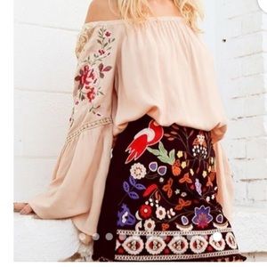 Umgee Blue Embroidered Pom Pom Mini Skirt. Size small